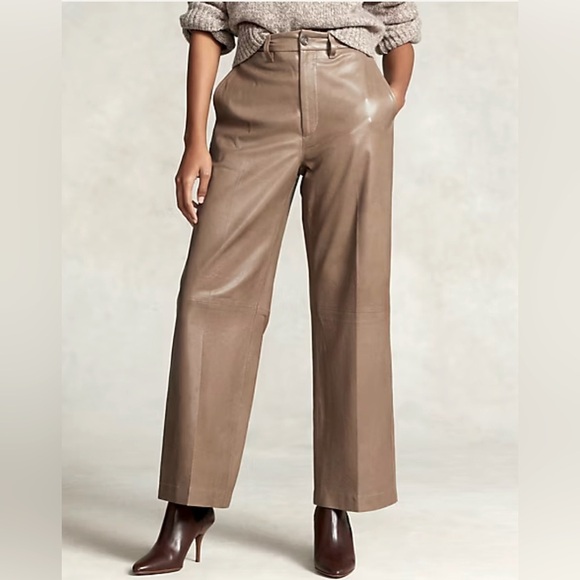 Women’s Polo Ralph Lauren Tan Lambskin Leather Wide Leg Cropped Pants NWT - Picture 1 of 5